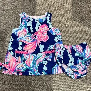 NWOT Lilly Pulitzer Blue and Pink Fish Print Baby Dress 12-18 months
